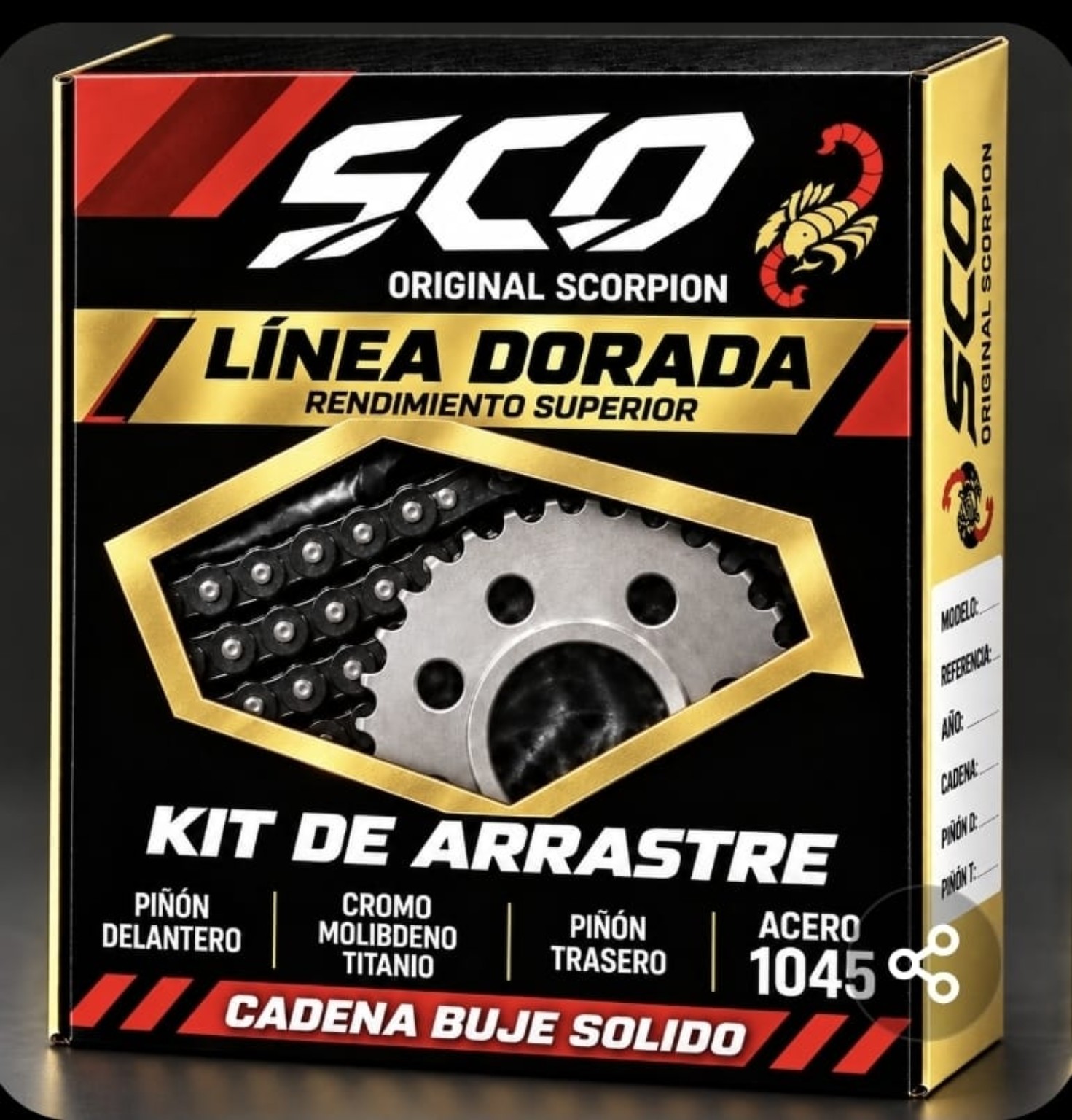 Caja SCO Original Scorpion Línea Dorada: kit de arrastre con piñón delantero de cromo, molibdeno y titanio, piñón trasero de acero 1045 y cadena de buje sólido