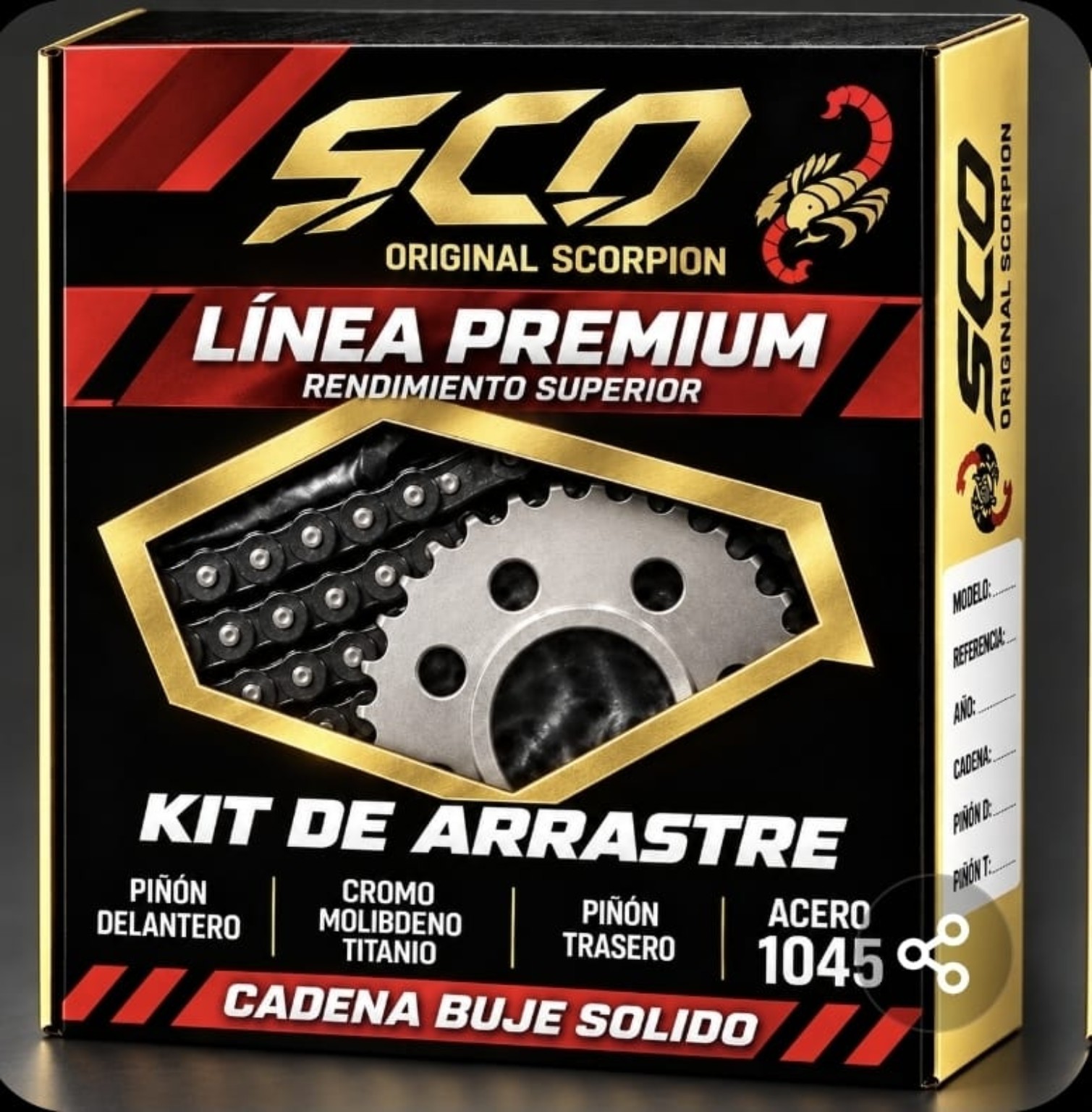 Caja SCO Original Scorpion Línea Premium: kit de arrastre, piñón delantero cromo molibdeno titanio, piñón trasero acero 1045 y cadena de buje sólido