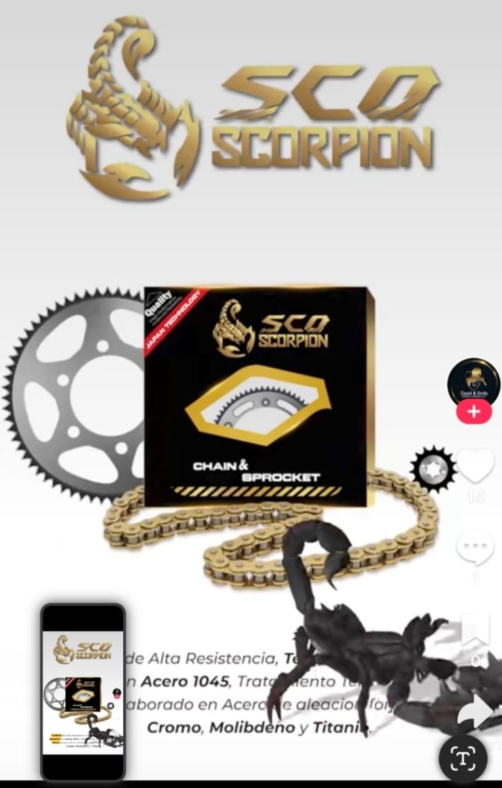 Presentación SCO Scorpion con logo dorado de escorpión, caja negra y dorada, cadena dorada y piñones